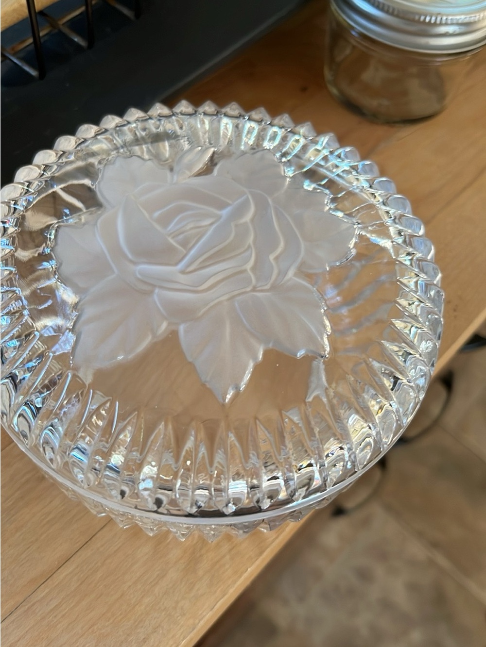 Clear Pressed Glass Candy Dish with Rose Lid